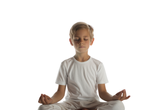 Boy wearing white shirt meditating