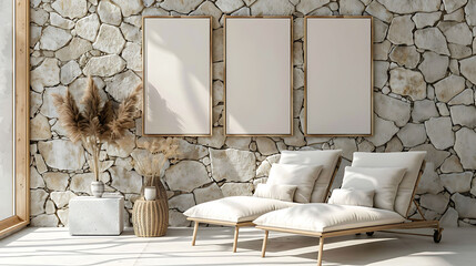 Multi mockup poster frames on stone wall, near minimalist chaise lounge, Scandinavian style living room