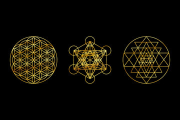 Sacred Geometry Gold Symbols on Black Background. Sri Yantra, Flower Of Life, Metatron's Cube Backdrop.