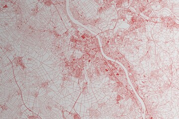 Map of the streets of Bonn (Germany) made with red lines on white paper. 3d render, illustration