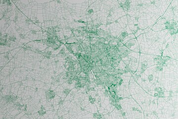 Map of the streets of Hannover (Germany) made with green lines on white paper. 3d render, illustration