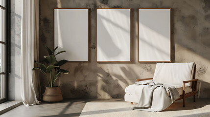 Multi mockup poster frames on a fabric covered room screen, by a designer chaise
