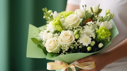 A woman holds a beautifully wrapped bouquet with white roses. Happy Mother's Day or Happy Women's day, birthday card. Concept of love and care.