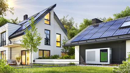 Modern house with solar panels and storage batteries - 756357882
