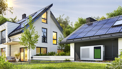 Modern house with solar panels and storage batteries