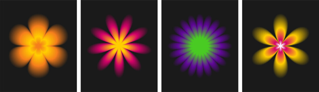Collection of modern abstract flower shapes with blurry effect on black background. Set of trendy  aura gradient posters, cards in y2k style for social media. Vector illustration 