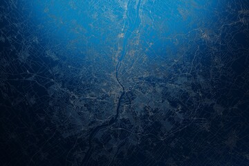 Street map of Budapest (Hungary) engraved on blue metal background. View with light coming from top. 3d render, illustration - obrazy, fototapety, plakaty