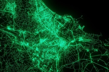 Map of the streets of Gdansk (Poland) made with green illumination and glow effect. Top view on roads network. 3d render, illustration