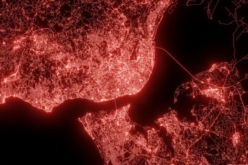 Street map of Lisbon (Portugal) made with red illumination and glow effect. Top view on roads network. 3d render, illustration - obrazy, fototapety, plakaty