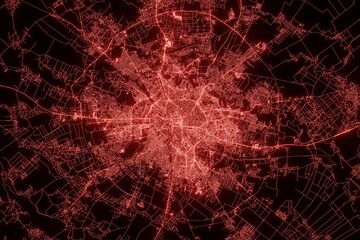 Street map of Bucharest (Romania) made with red illumination and glow effect. Top view on roads network. 3d render, illustration - obrazy, fototapety, plakaty