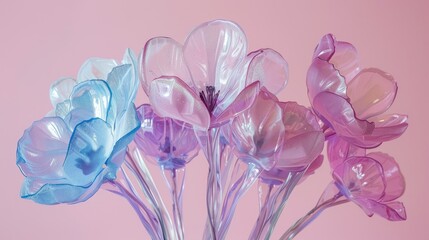 Pastel colored glass flowers on pink background