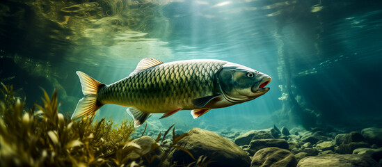 Common carp (Cyprinus carpio) swimming in a river