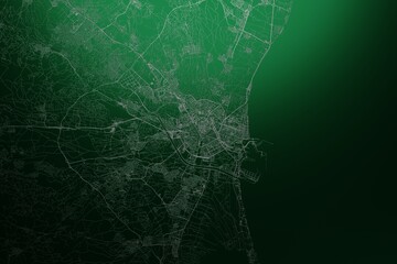 Street map of Valencia (Spain) engraved on green metal background. Light is coming from top. 3d render, illustration