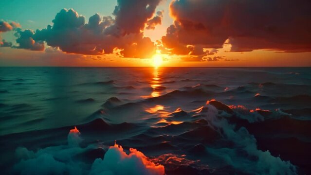 A fiery sunset paints the ocean with vibrant hues, casting a tranquil glow over the horizon.Sundown Serenity by the Sea