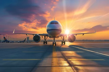 Fototapeten passenger plane, plane lands on the airport runway in beautiful sunset light © mirifadapt