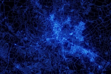 Street map of Kharkiv (Ukraine) made with blue illumination and glow effect. Top view on roads network - obrazy, fototapety, plakaty
