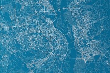 Map of the streets of Kyiv (Ukraine) made with white lines on blue background. 3d render, illustration