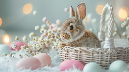 Naklejka na ściany i meble Cute baby bunny in white wicker basket with colorful eggs and small flowers. Easter card in pastel colors and shades