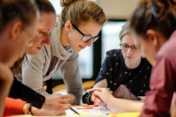 Fototapeta premium Teamwork in action: A team of professionals collaborating on a task, brainstorming and solving problems together