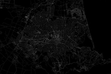 Stylized map of the streets of Christchurch (New Zealand) made with white lines on black background. Top view. 3d render, illustration