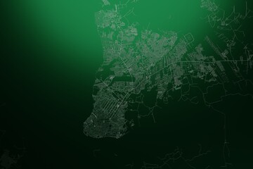 Street map of Belem (Brazil) engraved on green metal background. Light is coming from top. 3d render, illustration