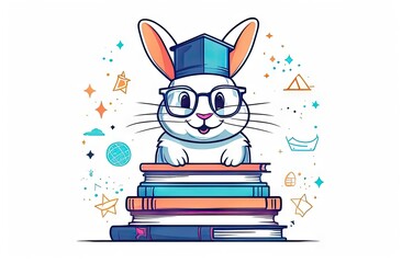 Aadorable bunny, adorned with graduated cap and surrounded by books, flat illustration.Graduation concept for banner, poster, card, t shirt, sticker design.