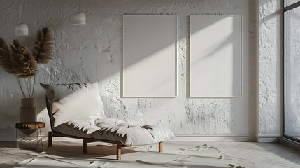 Multi mockup poster frames on a sleek acrylic panel, next to a cozy chaise lounge
