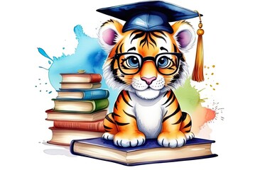 Adorable tiger wears graduated cap and poses with books,watercolor illustration.Graduation and study concept for banner, poster,t- shirt, sticker, Backpacks and Bags, Notebook Covers design.