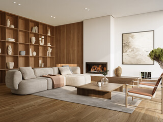 Minimalist living room interior with modern fireplace and white walls. Interior mockup, 3d render