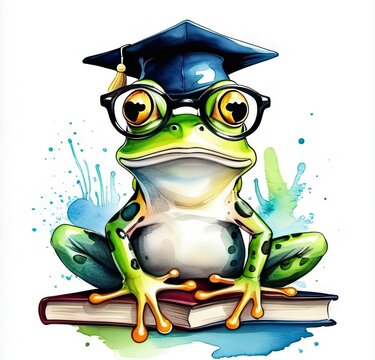Watercolor illustration,cute frog wearing  graduation cap and surrounded by books.Graduation and study concept for banner, poster,t- shirt, sticker, Backpacks and Bags, Notebook Covers design.