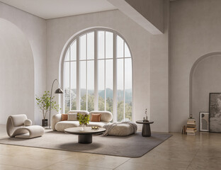 Minimalist interior design with large arch windows. Wall mockup concept, 3d render 