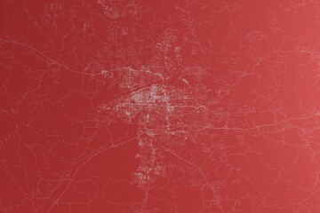 Map of the streets of Tuscaloosa (Alabama, USA) made with white lines on red paper. Top view, rough background. 3d render, illustration