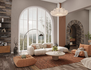 Cozy home interior in pastel colors with hardwood flooring on arch wall background, 3d rendering	
