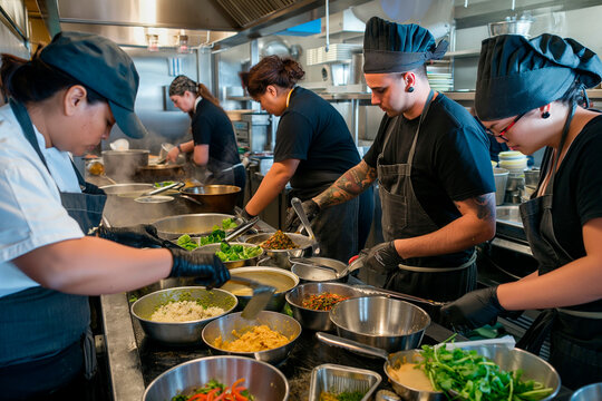 Teamwork in the kitchen. A group of chefs working together in a busy restaurant, preparing meals on kitchen