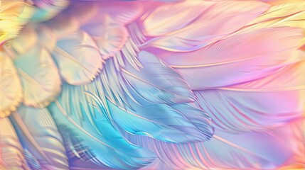 Fototapeta premium pastel feathers up close, revealing lush detailing and a mesmerizing array of rainbow hues.