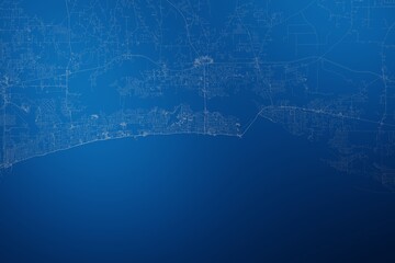 Stylized map of the streets of Biloxi (Mississippi, USA) made with white lines on abstract blue background lit by two lights. Top view. 3d render, illustration - obrazy, fototapety, plakaty