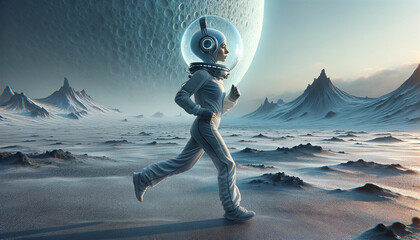 a young girl jogging in an otherworldly another planet landscape  - 756359678