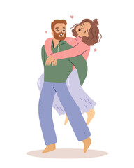 Happy cartoon couple in love having fun hugging in a flat style