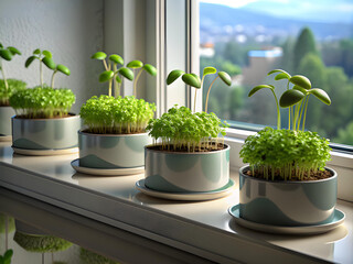 Microgreens growing in a pot, standing on the windowsill
