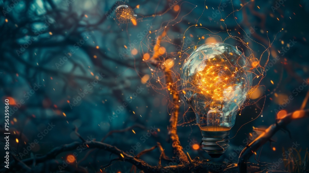 Poster illuminated bulb amidst enigmatic branches signifying thought evolution