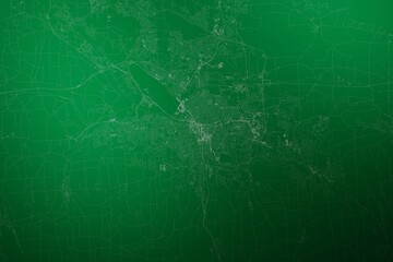 Map of the streets of Syracuse (New York, USA) made with white lines on abstract green background lit by two lights. Top view. 3d render, illustration