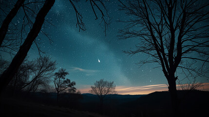 Beautiful Landscape with Stars Trees and Shooting Star Meteor at Night Dawn
