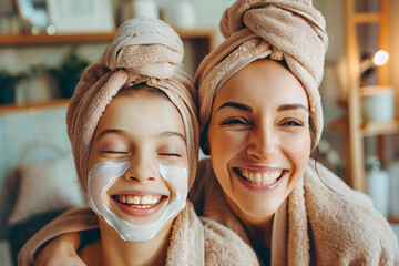 Mom and her daughter having fun together, making clay facial mask and wearing bathrobes. Mother with child doing beauty treatment together. Family time, spa and beauty, mothers day - obrazy, fototapety, plakaty