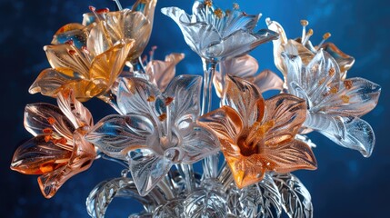 Illuminated glass flowers in blue hues