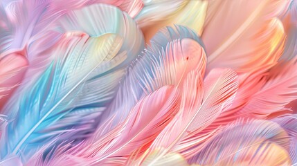 Fototapeta premium pastel feathers up close, revealing lush detailing and a mesmerizing array of rainbow hues.