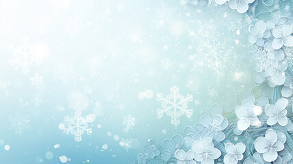 blurred winter background with snowflakes, copy space, soft pastel delicate light blue color blank christmas greeting