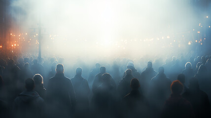 Fototapeta na wymiar abstract silhouettes of crowds of people in the fog, blurred light background urban view traffic