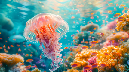 An amazing colorful jellyfish in the ocean. Transparent body and poisonous tentacles. A mysterious inhabitant of the underwater world. - obrazy, fototapety, plakaty