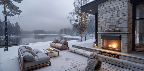 A cozy, inviting outdoor living space with a fireplace and comfortable seating, overlooking the snowy lake on an overcast day. Generative AI.