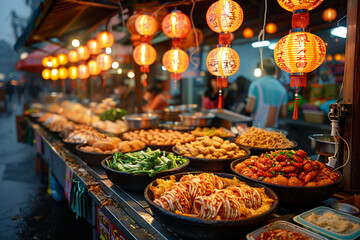 Asian street fest with diverse food and lights